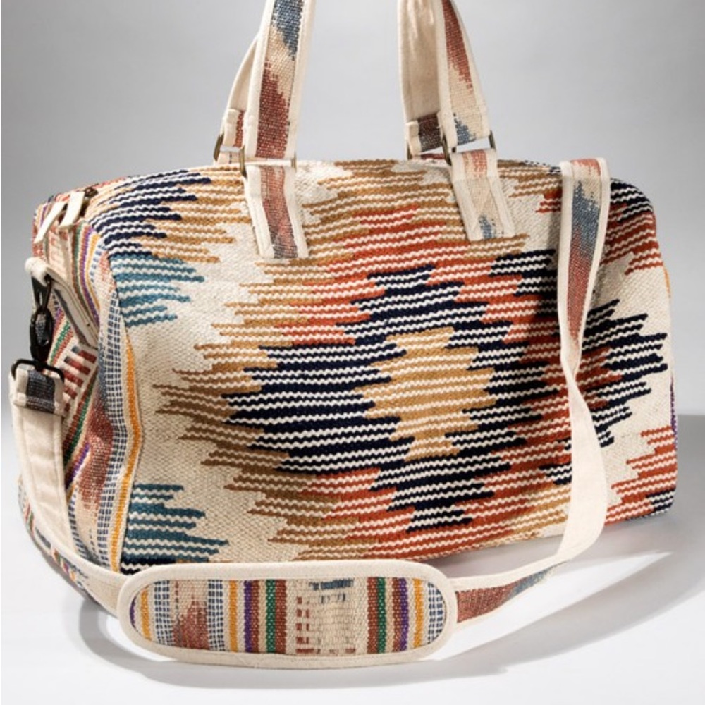 90. LAST 1! Blue Vacation Bag Woven Boho Bohemian Aztec Duffle Travel Weekender - Picture 2 of 7